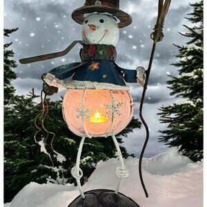 Wire Metal Snowman Tea Light Holder Top Hat & Scarf with Star Accents
